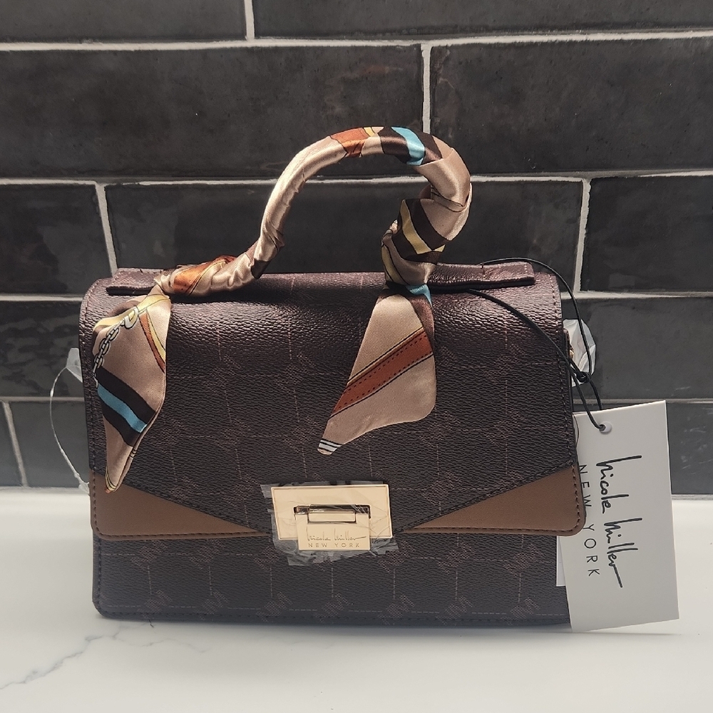 Nicole Miller Brown Satchel with Scarf Accent